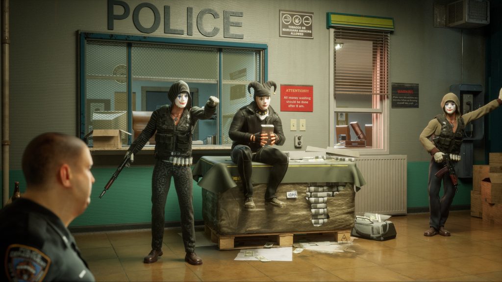 - Highly detailed image of armed masked criminals inside a police station, with one person sitting on a desk using a mobile phone. Police officers are not visible in the scene.