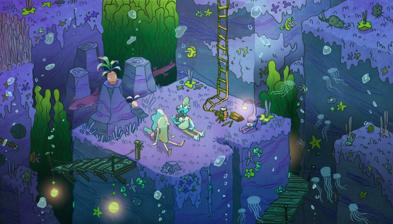 Dreamlike underwater cave scene with anthropomorphic animal characters relaxing, surrounded by sea creatures, coral, and glowing lanterns, in vibrant pastel colours and cartoon style.