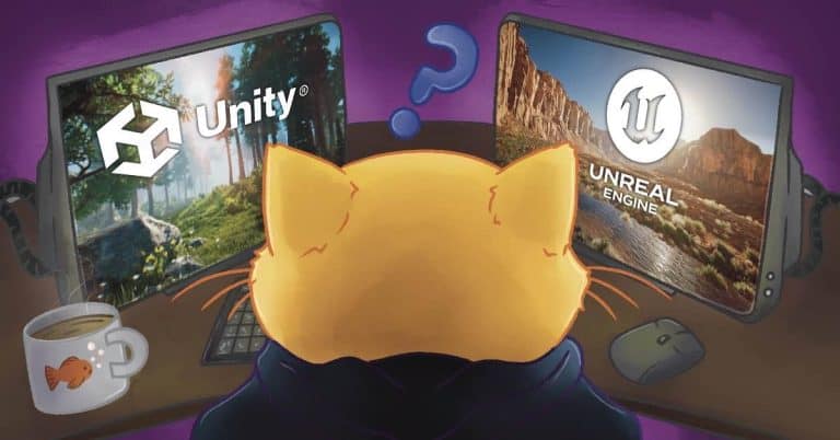 Unity and Unreal Engine game development software displayed on dual monitors with a cute cat working at a desk, surrounded by a coffee mug, mouse, and vibrant background.