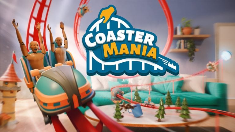 Roller coaster with animated characters in a colourful indoor setting for the game Coaster Mania. Bright, playful theme park scene with a wooden coaster, trees, and cosy living room background.