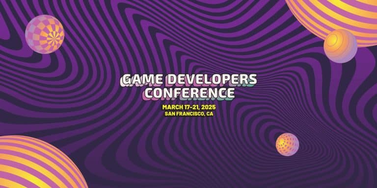 Game developers conference promotional graphic featuring colourful abstract spheres and swirling lines in purple and yellow, with event details for March 17-21, 2025 in San Francisco, CA.