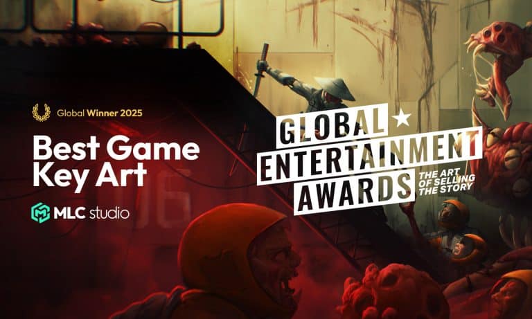 Winner 2025 global game award nominee for best game key art featuring intense cyberpunk scene with characters battling amidst fiery explosions and menacing creatures.