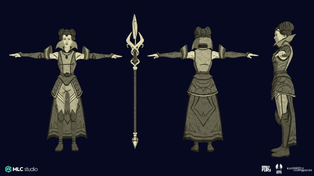 Elegant fantasy female character concept art with detailed medieval armor, staff, and intricate design elements for game development.