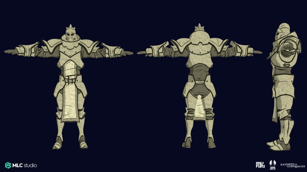 High-quality concept art of a futuristic fantasy warrior in heavy armor, showcasing front, back, and side views with detailed textures and design elements.