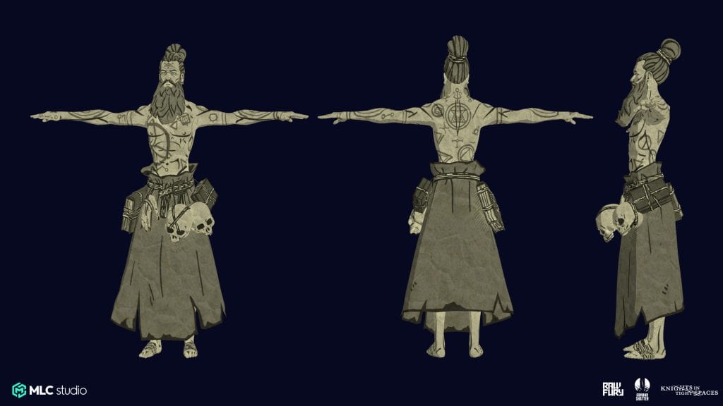- Tattooed male character with a topknot hairstyle, wearing a long skirt, with skull accessories hanging from his belt, viewed from front, back, and side.