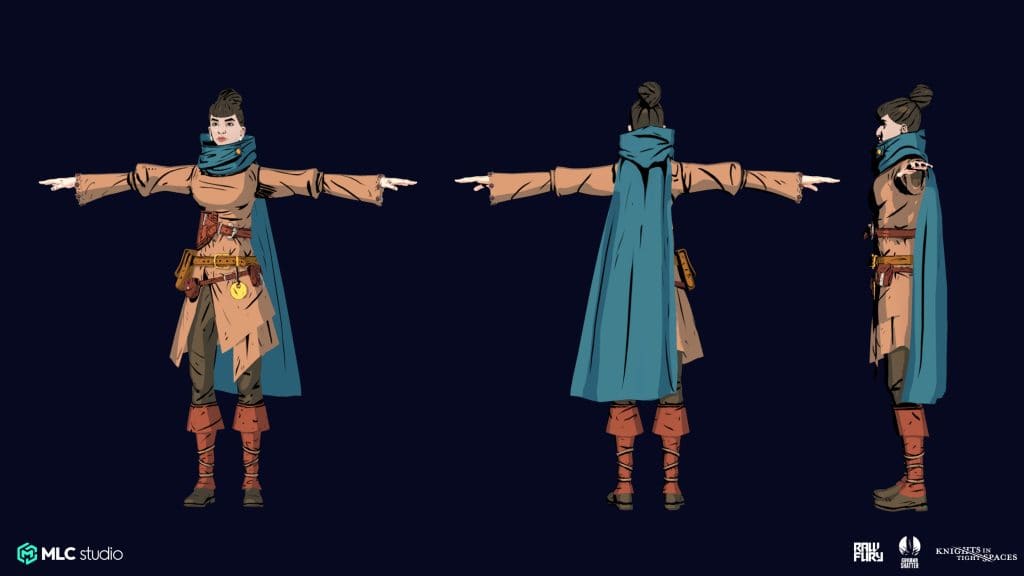 Dark-haired female character in adventurer attire front, back, and side views, wearing a tan coat, blue cape, brown trousers, brown boots, and a blue scarf, against a dark background.
