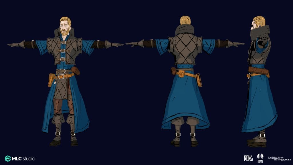 High fantasy character concept art featuring a warrior with blonde hair, leather armor, and a blue cloak, seen from front, back, and side views on a dark background.
