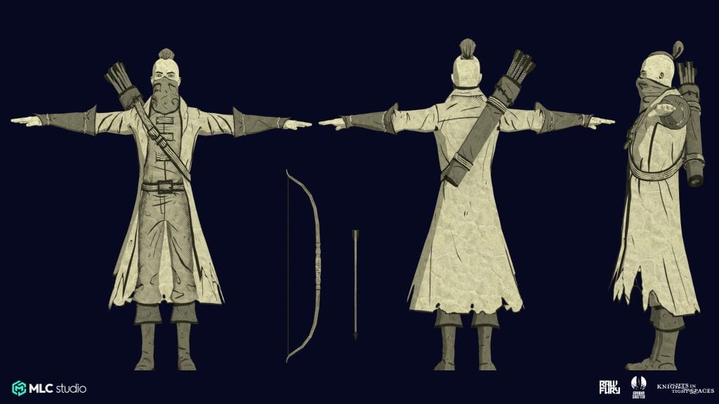 Dried parchment-style character models of three archers with bows and quivers, viewed from various angles, set against a dark background for game concept art.