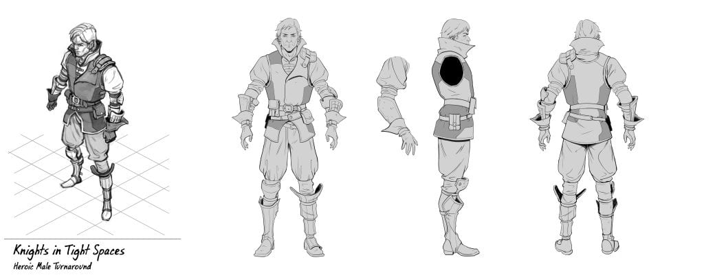 Knight character concept art for game development, showcasing front, side, and back views in grey scale.