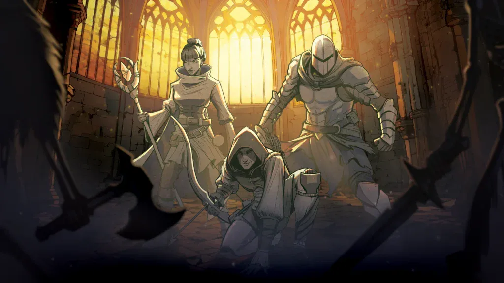 Mutant group of adventurers battling inside a ruined gothic cathedral, with warm sunlight streaming through stained glass windows, fantasy art, digital painting, detailed environment, dramatic lighting, concept art.