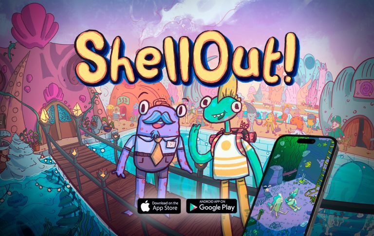 Kangaroo character and anthropomorphic alien in colourful, whimsical amusement park setting, with game logo and mobile device overlay, bright and playful art style.