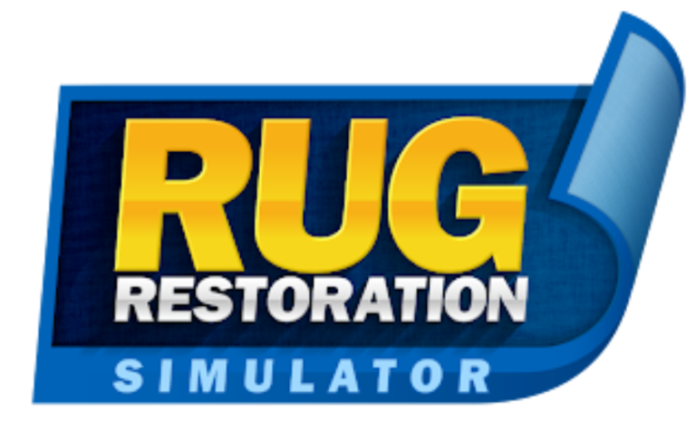 Rug Restoration Simulator logo featuring a rolled-up rug with bold yellow and white text on a blue background.