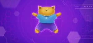 Cute animated cat character with a blue T-shirt and purple shorts in a sci-fi digital environment.