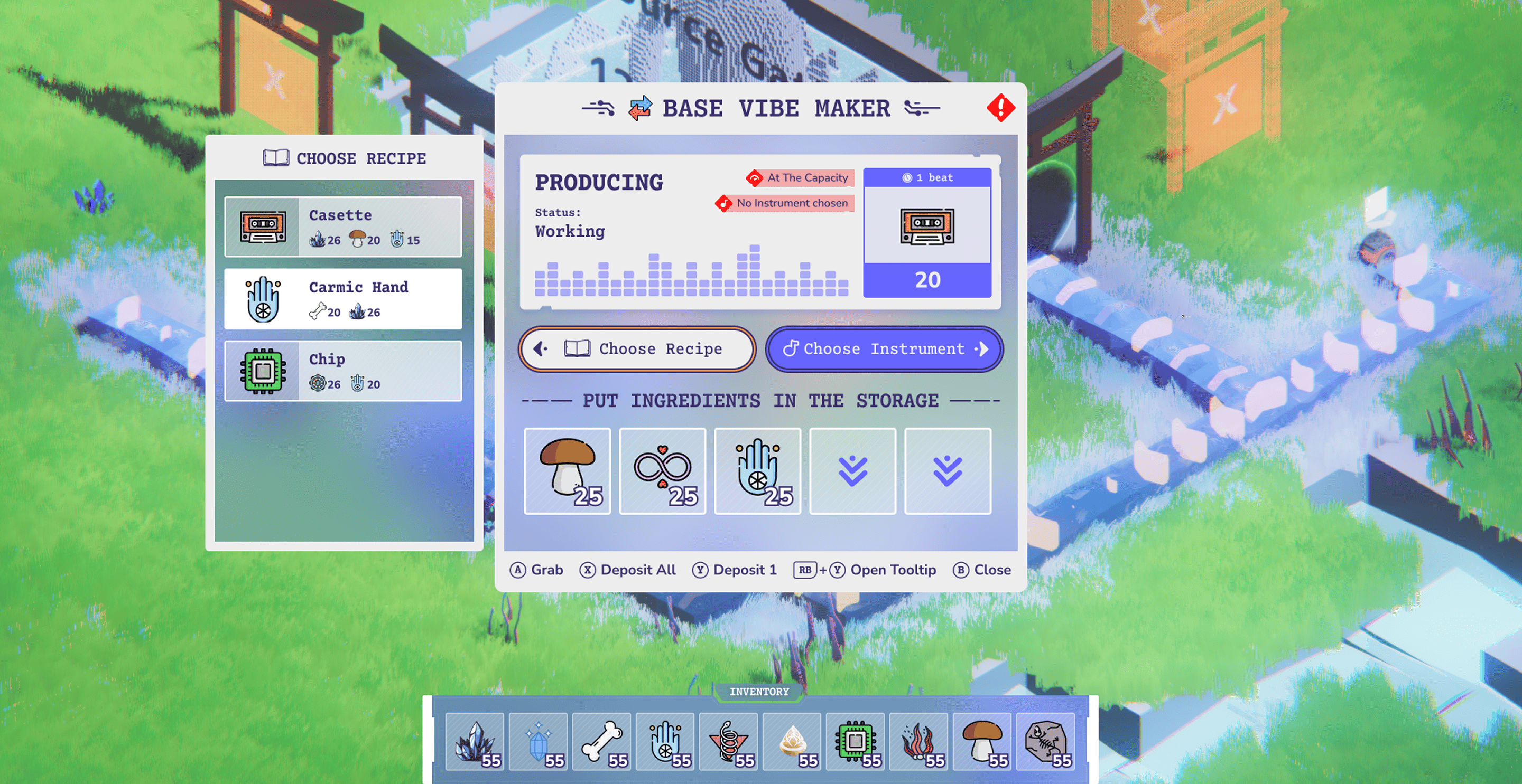 Casette, Carmic Hand, Chip, game development, user interface, farming simulation, colourful pixel art, inventory screen, indie game aesthetics, digital art, vibrant landscape, crafting menu, creative process, fantasy setting, gameplay screenshot.