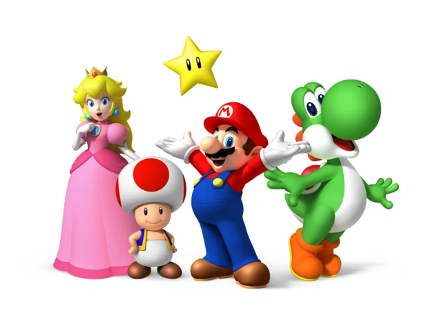 Toad, Mario, Princess Peach, and Yoshi from the Super Mario series smiling and posing together on a white background.