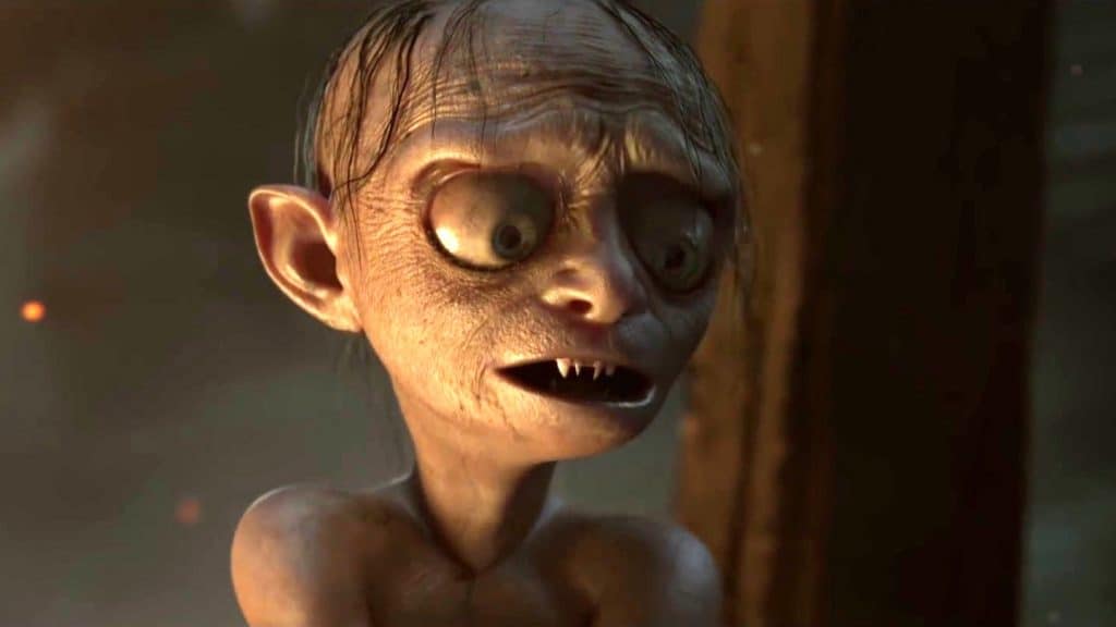 Wide-eyed goblin character with large ears, sharp teeth, detailed skin texture, in a dark, eerie environment, high-quality 3D rendering for horror game art.