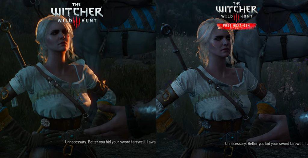 Witcher wild hunt game character, female with white hair, standing outdoors during dusk or night, wearing medieval fantasy attire with sword on back, intense expression, cinematic style.