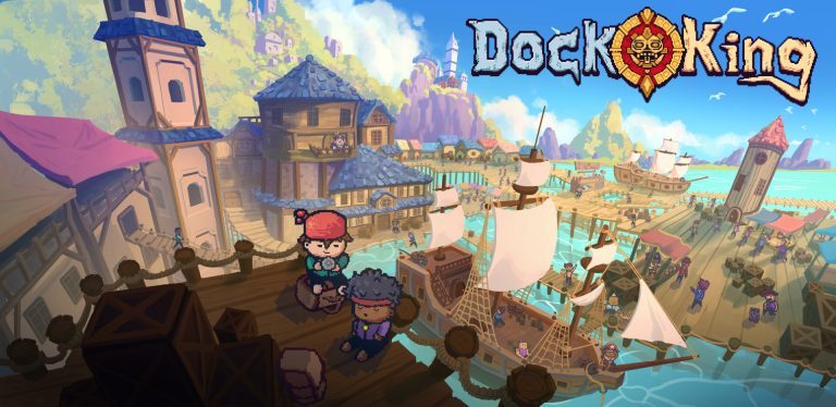 Dock king game art, pixel art scene with ships, harbour, and animated characters on a vibrant fantasy island, colourful medieval village and pirate ships, cheerful and detailed illustration.