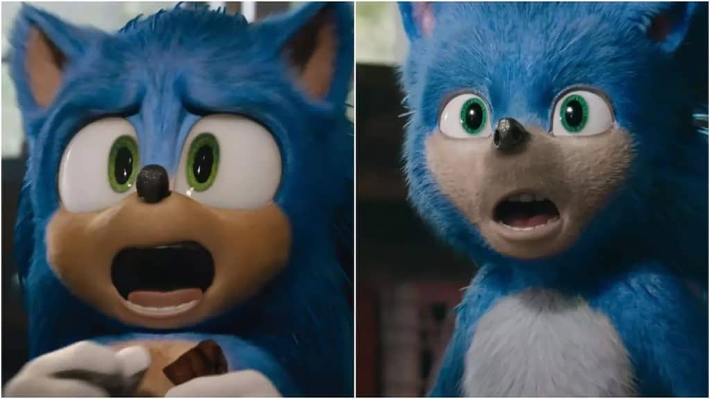 Blue furry hedgehog character from Sonic the Hedgehog with expressive green eyes and open mouth.