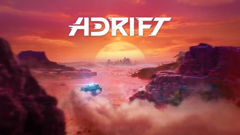 Futuristic vehicle racing across a dusty landscape with a vibrant sunset and distant city skyline in the background, featuring bold game title "ADRI7" at the top.