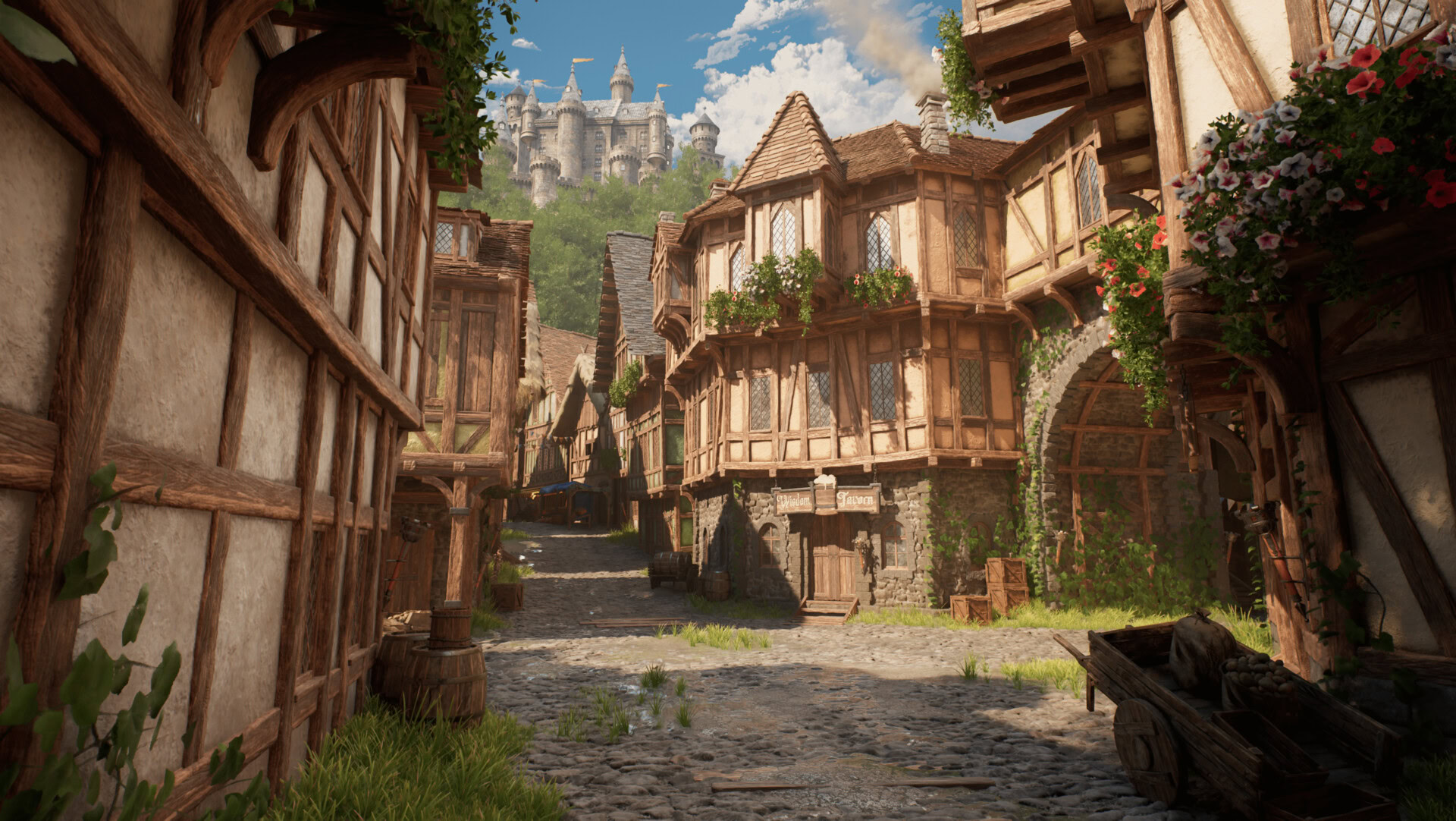 Medieval village street with timber-framed houses, cobblestone path, vibrant flowers, castle in the background, sunny day, and lush greenery, fantasy medieval town scene.