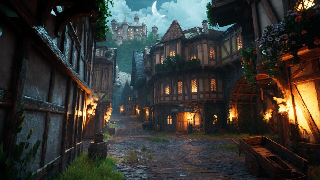 Medieval village street at night with cobblestones, timber-framed houses, illuminated windows, torches, and a castle on a hill under a moonlit sky, fantasy game art style, detailed and atmospheric.