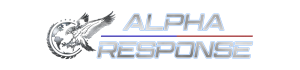 A logo for Alpha Response, featuring a silver and black eagle clutching a globe with stars, and bold metallic text in blue and grey.