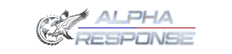 A logo for Alpha Response, featuring a silver and black eagle clutching a globe with stars, and bold metallic text in blue and grey.