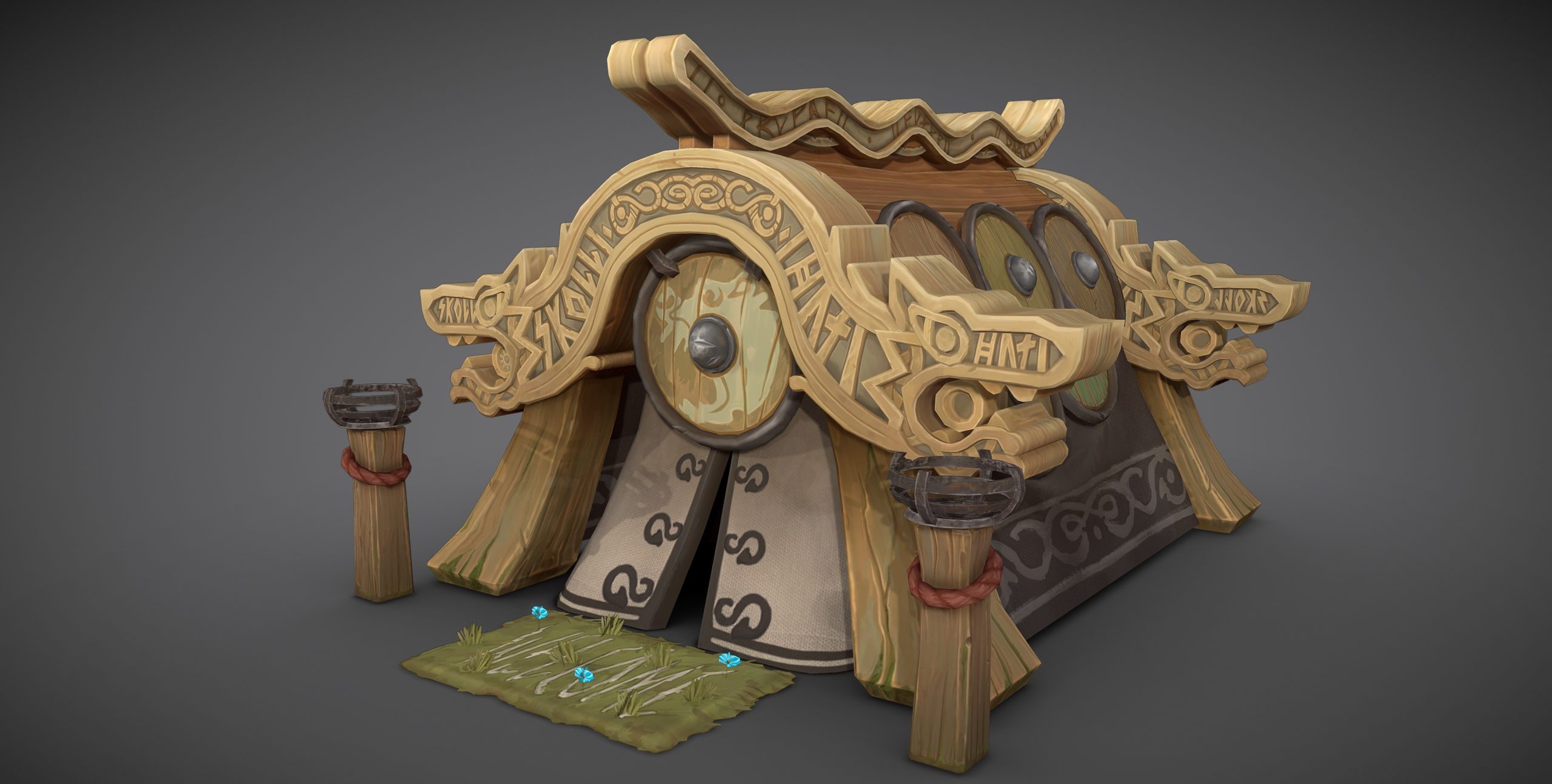 Wooden Norse-style Longhouse with intricate carvings, shield decorations, and a fabric door with runes, set on a grassy patch; fantasy-themed game environment.