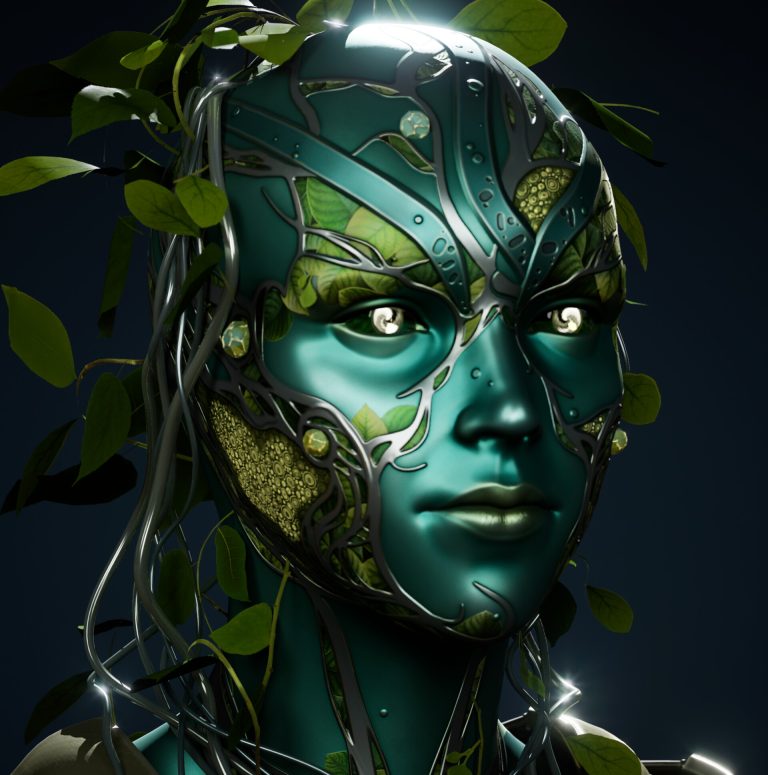 Robotic woman with overgrown vines and leaves, futuristic and cybernetic, detailed digital art, glowing eyes, blending nature and technology, dark background, high detail, concept art for sci-fi game.