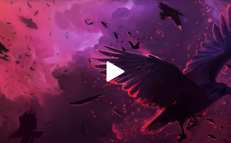 Black and purple bird silhouettes flying against a vibrant pink and purple sky with clouds, feathers, and a large wing in a fantasy or surreal art style.