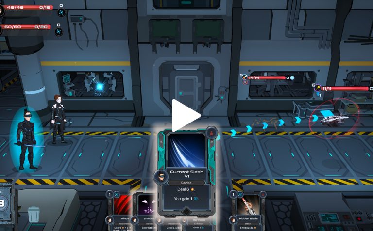 Reload video game spaceship combat scene with characters and user interface elements.