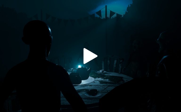 Silhouetted people sitting around a table outdoors at night, illuminated by a lantern, with a dark blue sky and trees in the background, creating a mysterious and atmospheric scene.