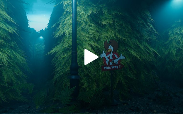 Playful cartoon duck sign on forest trail at night, surrounded by dense green foliage and illuminated by soft blue light, creating a whimsical outdoor scene for game art or animation visuals.
