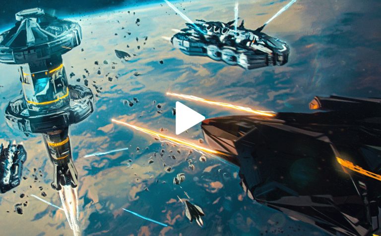 Futuristic space battle scene with sleek spaceships firing lasers amidst asteroids and a distant space station in orbit.