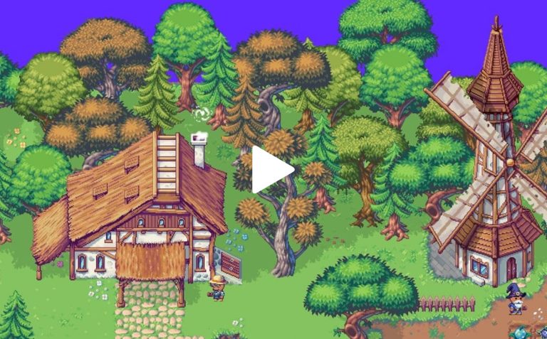 Charming pixel art scene of a countryside with a house, windmill, and two characters among lush green trees and shrubs. Bright colours and detailed pixel design evoke a whimsical, retro game aesthetic.