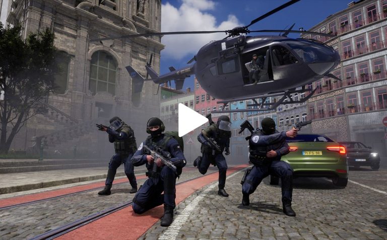 Black-clad tactical police officers with rifles on a city street, with a military helicopter overhead and historical buildings in the background, engaged in a high-intensity police operation.