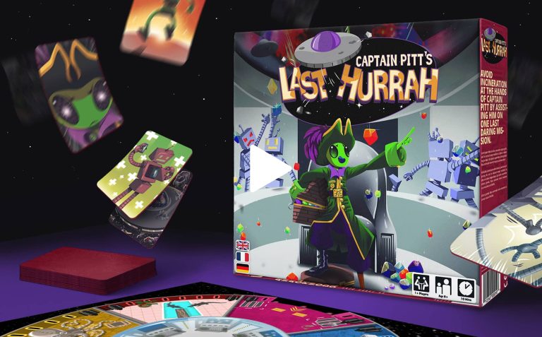 Vibrant illustration of the game "Captain Pitt's Last Hurrah" featuring a cartoon character in a green coat pointing, surrounded by robot characters and game elements, styled in colourful, playful sci-fi theme.