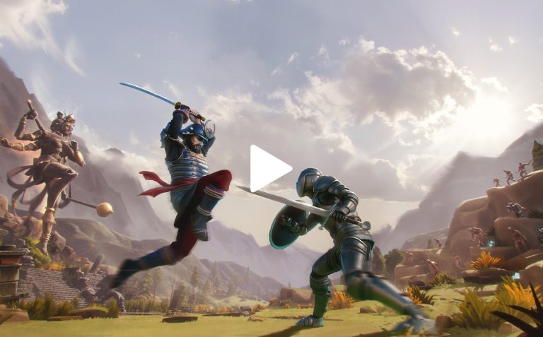 Clash of animated warriors in a fantasy landscape with mountains and a cloudy sky, featuring a samurai in traditional armour and a medieval knight in combat, game art concept for fantasy or adventure game.