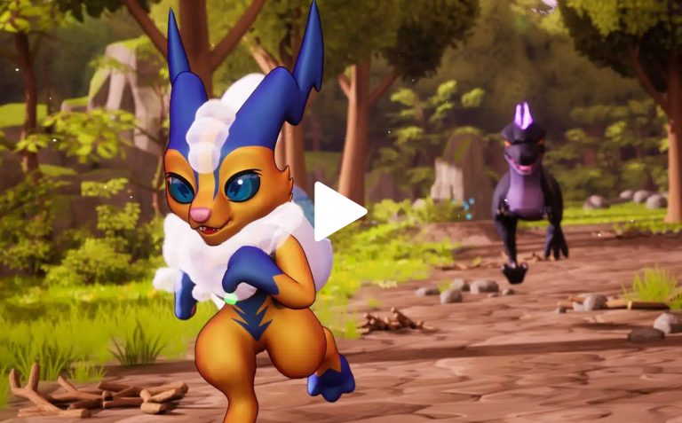 Playful animated fox character running through a lush forest in a vibrant video game scene.