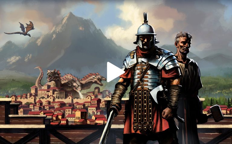 Guerrilla soldiers in medieval armour overlooking a fantasy city with dragons and a mountain landscape.