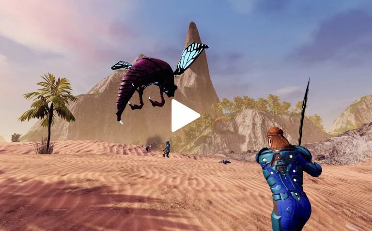 Satellite alien insect creature with wings in a desert landscape with a warrior aiming a spear at it. Mountains, trees, sand dunes, and a cloudy sky in the background.