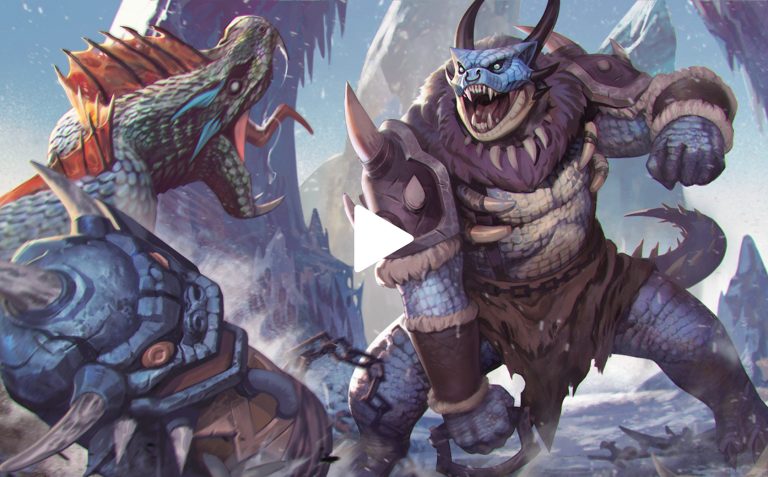 Fierce fantasy battle scene featuring a monstrous armored demon with a blue skull face fighting a large snake-like creature in a icy, mountainous landscape.