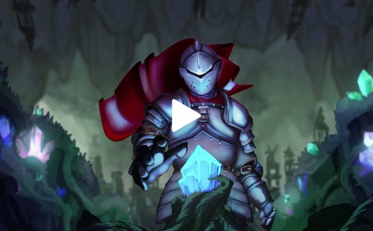 Gem knight holding glowing blue crystal in dark mystical forest with colourful luminous plants and mysterious atmosphere in fantasy RPG game art style.