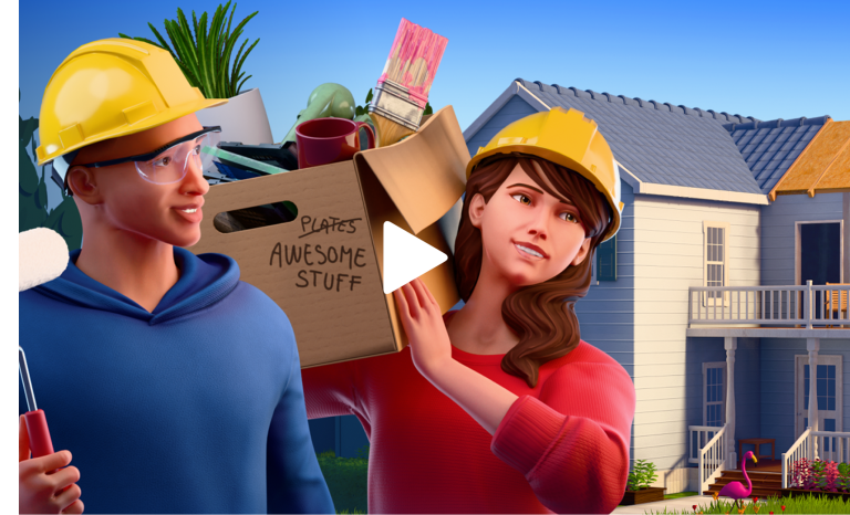 Cartoon characters wearing yellow construction helmets holding a box labeled 'PLATES AMAZING STUFF' in front of a house with a porch and a flamingo in the yard.