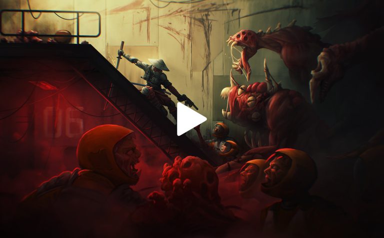 Mutant creatures attack a soldier in a dark, dystopian scene with a gritty atmosphere, featuring intense action, monstrous enemies, and a tense combat encounter.