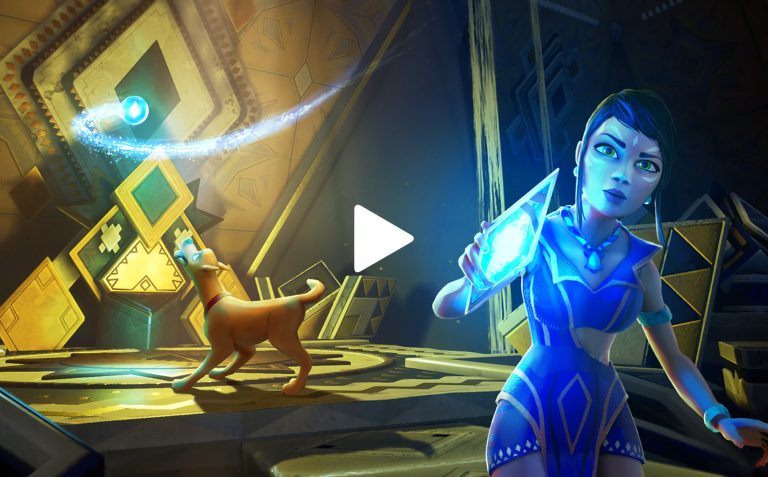 Play button overlay on animated game scene with a female character and a dog in a vibrant, geometric environment.