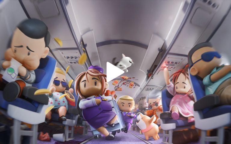 Confetti and animated characters on an airplane flying scene with passengers and a white cat jumping in the air during chaos.