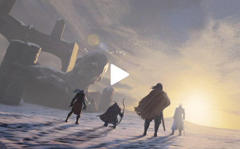 Epic scene of four adventurers confronting a giant stone head in a snowy desert at sunset, with ancient ruins and flying birds in a fantasy game artwork.