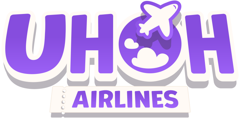UHA Airlines logo with purple text, an airplane icon, and a cloud design, representing a creative and friendly airline brand. Suitable for marketing content in the travel and aviation industry.